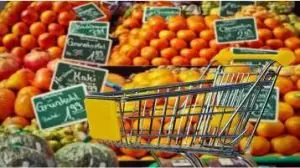 carrinho de compras, feira com opções de frutas