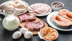 Foto de ovos, leite, carne vermelha, peixe, frango